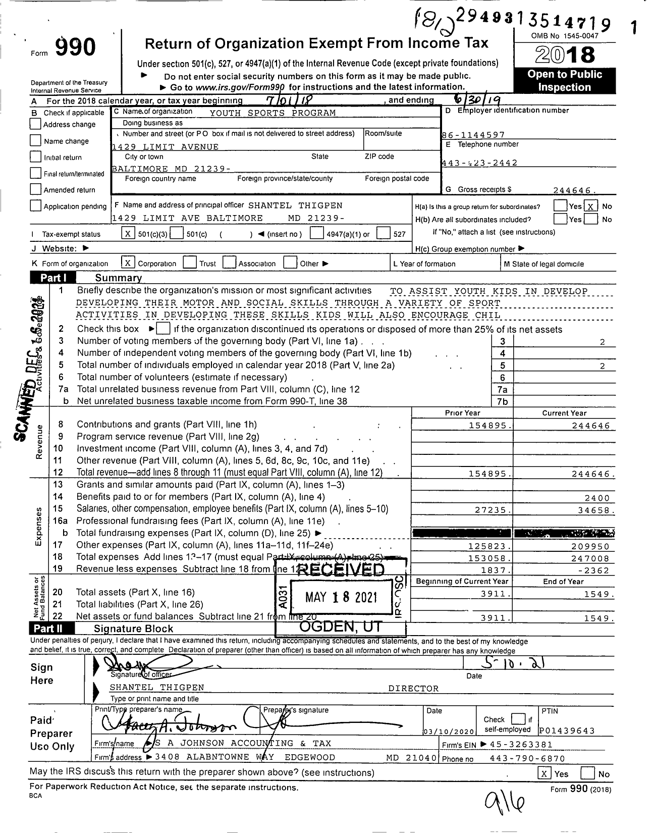 Image of first page of 2018 Form 990 for Youth Sports Program