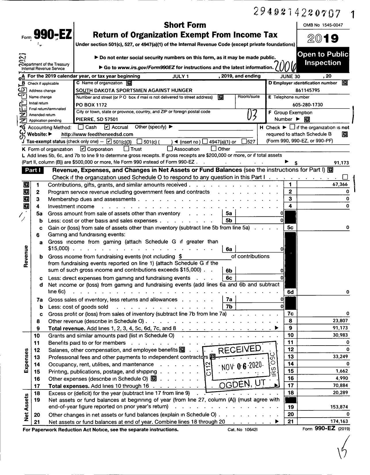 Image of first page of 2019 Form 990EZ for South Dakota Sportsmen Against Hunger