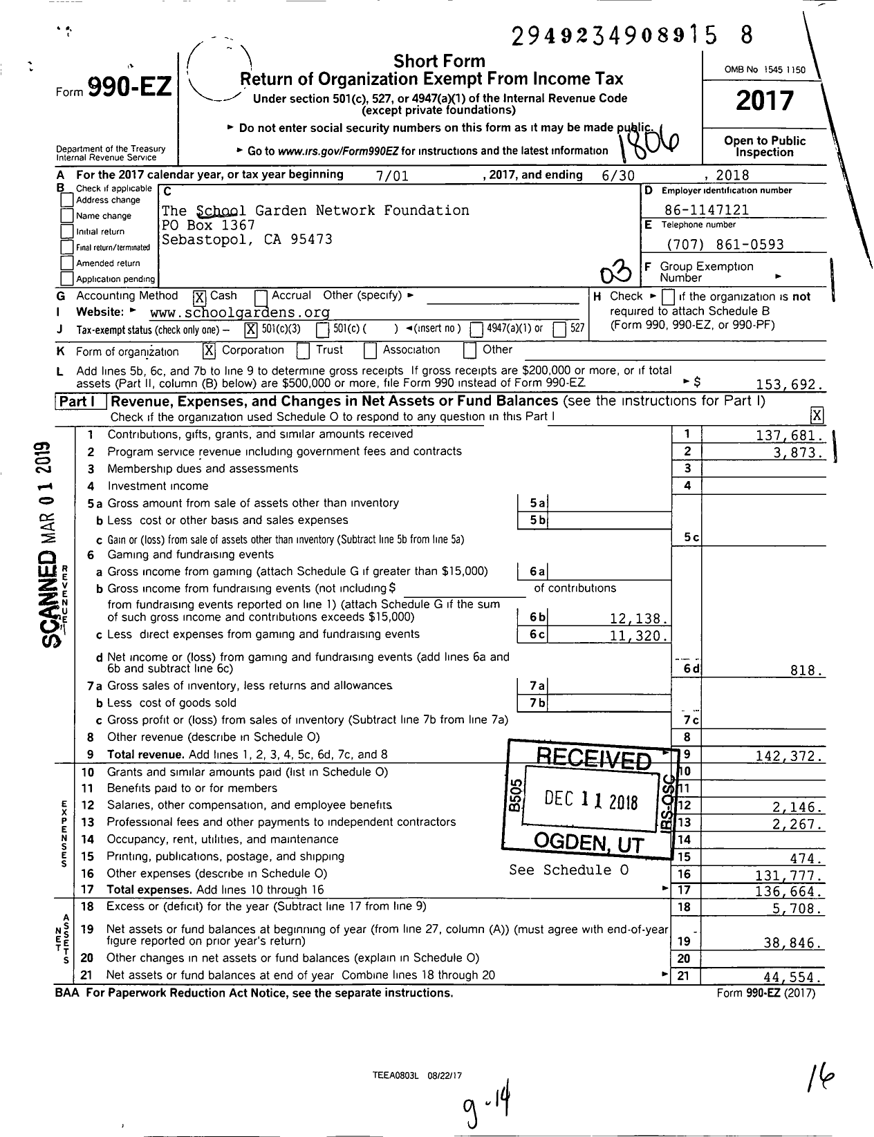 Image of first page of 2017 Form 990EZ for The School Garden Network Foundation