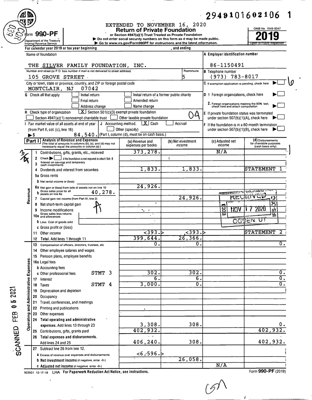 Image of first page of 2019 Form 990PF for The Silver Family Foundation