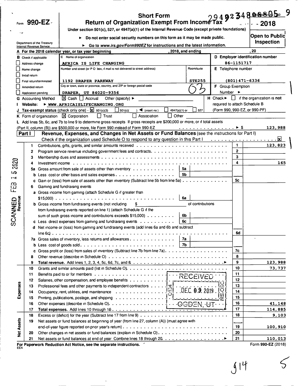 Image of first page of 2018 Form 990EZ for Africa Is Life Changing