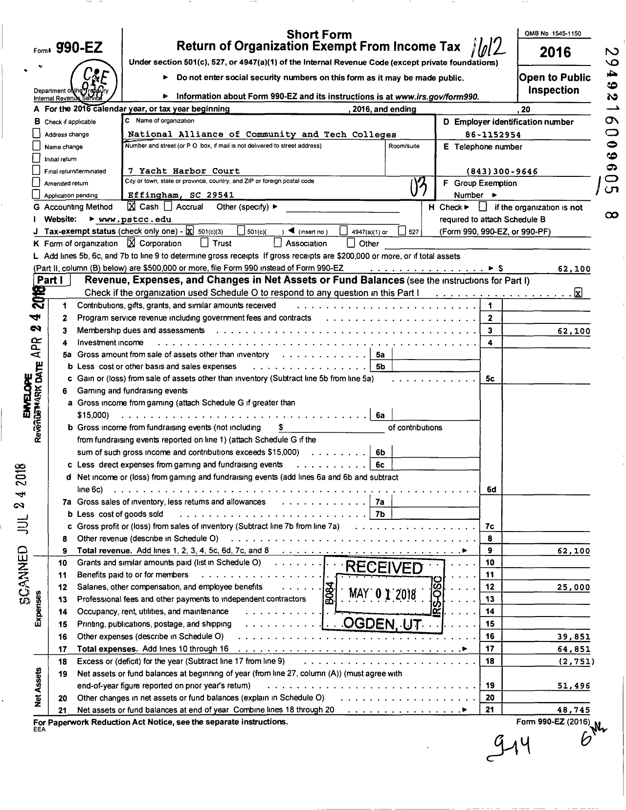 Image of first page of 2016 Form 990EZ for National Alliance of Community and Technicial Colleges