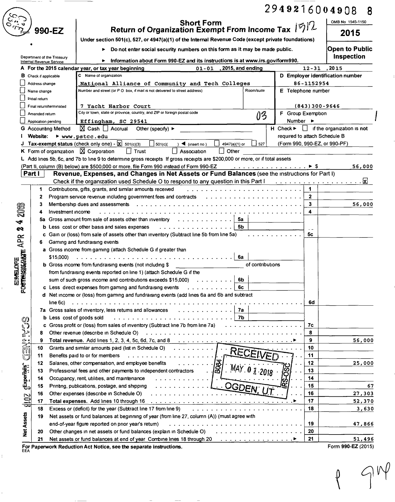 Image of first page of 2015 Form 990EZ for National Alliance of Community and Technicial Colleges