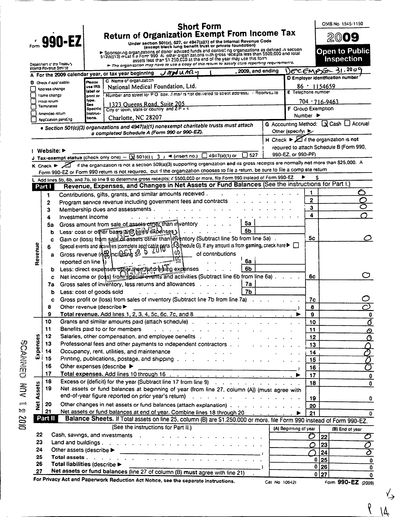 Image of first page of 2009 Form 990EZ for National Medical Foundation