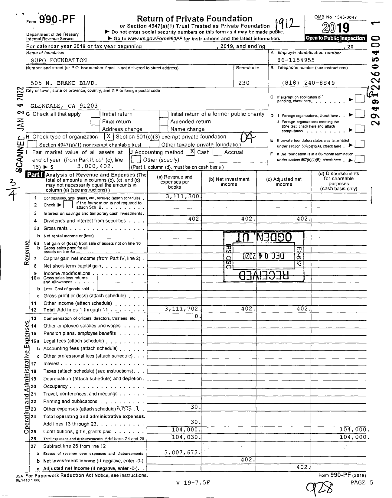 Image of first page of 2019 Form 990PF for Supo Foundation