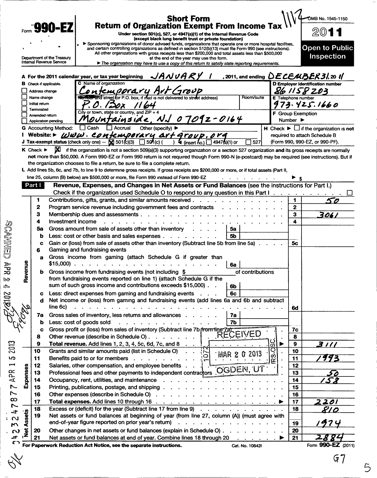 Image of first page of 2011 Form 990EZ for Contemporary Art Group