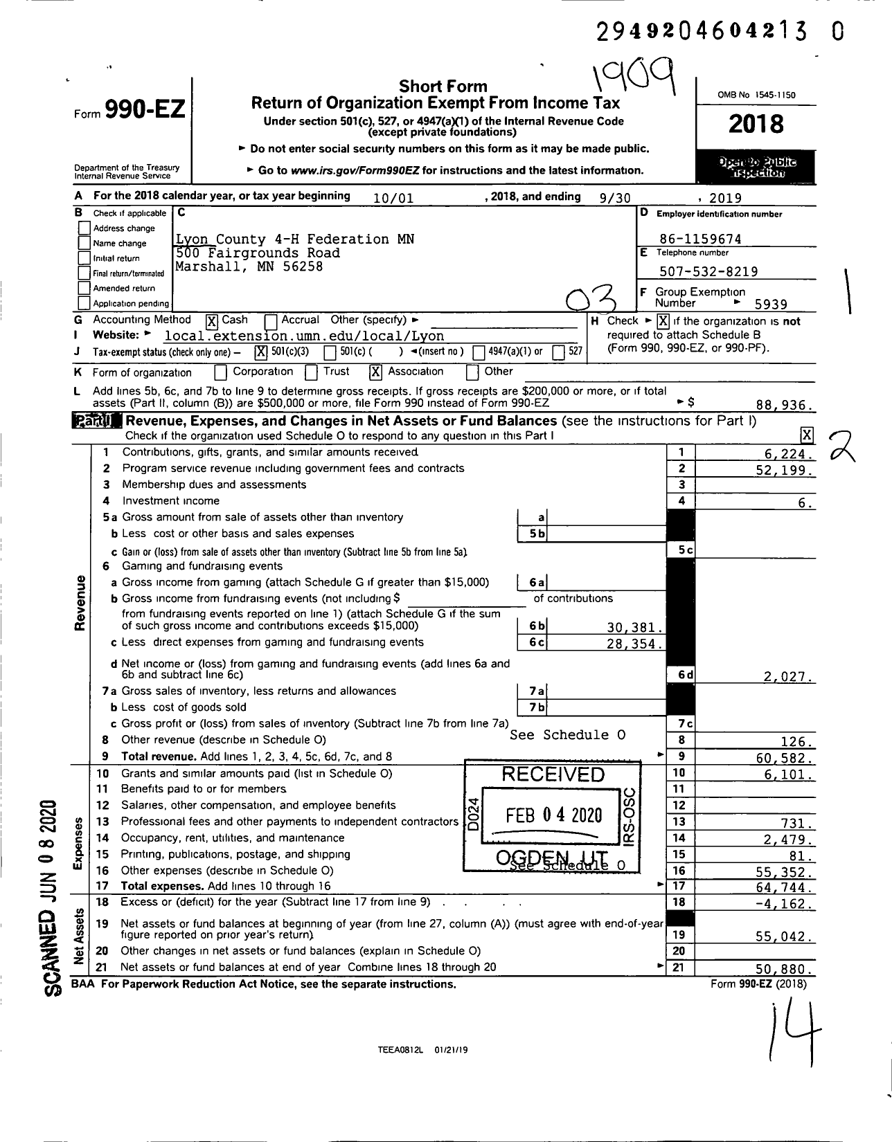 Image of first page of 2018 Form 990EZ for Lyon County 4-H Federation MN