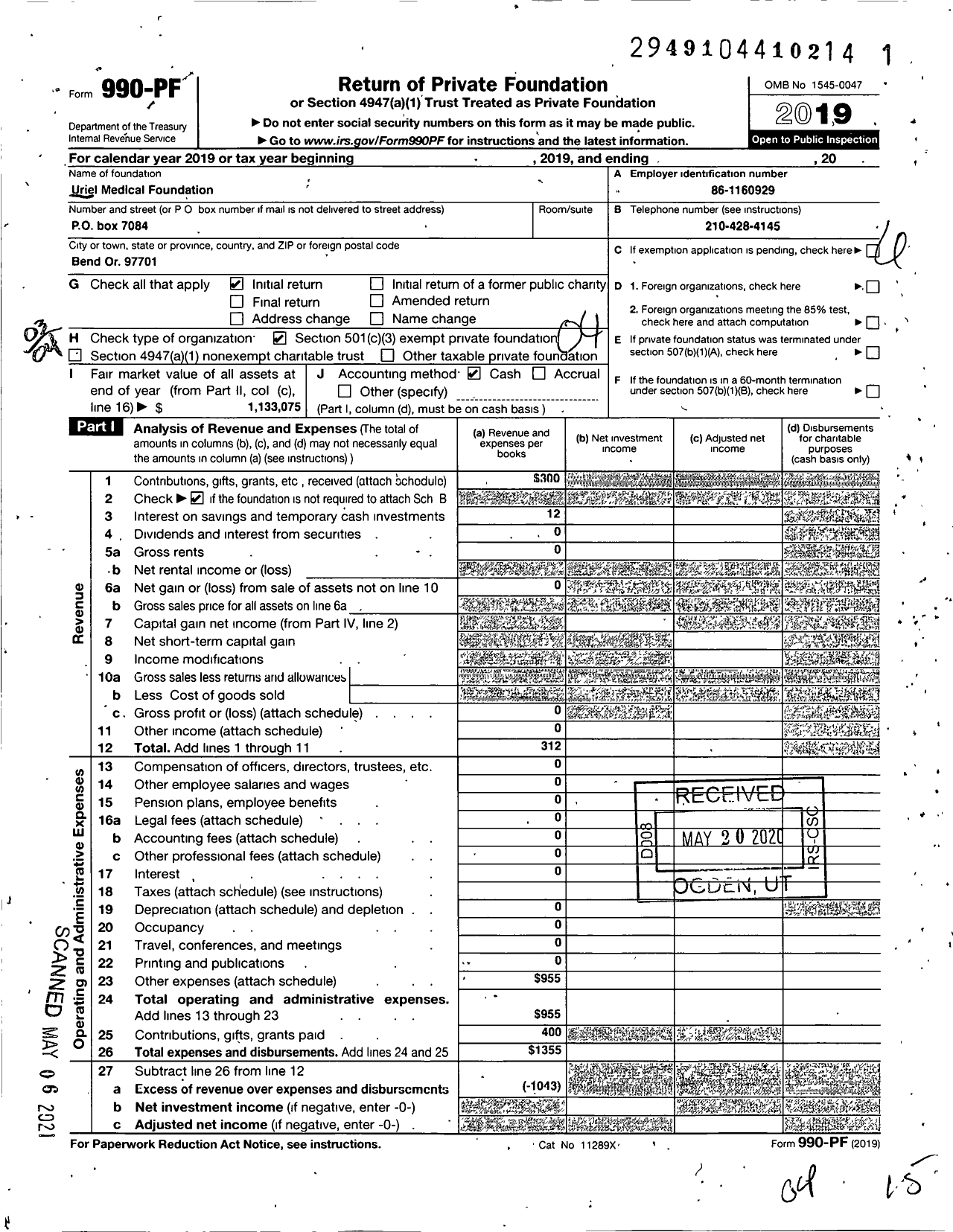 Image of first page of 2019 Form 990PF for Uriel Medical Foundation