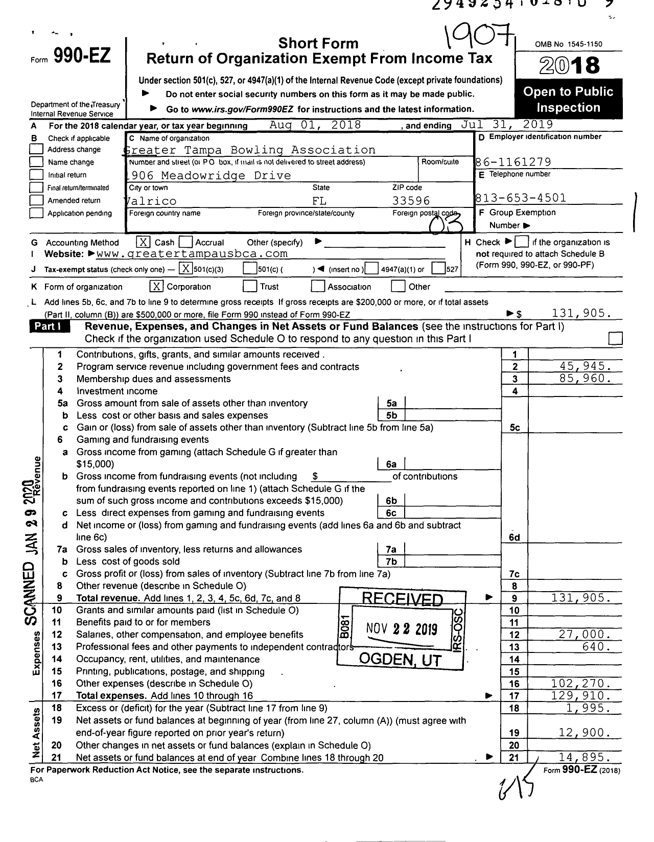 Image of first page of 2018 Form 990EZ for United States Bowling Congress - 82096 GR Tampa Usbc