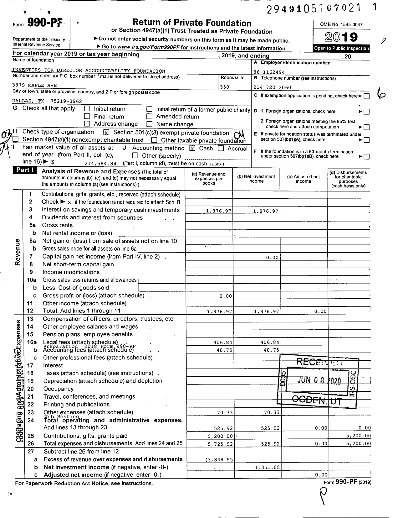 Image of first page of 2019 Form 990PF for Investors for Director Accountability Foundation