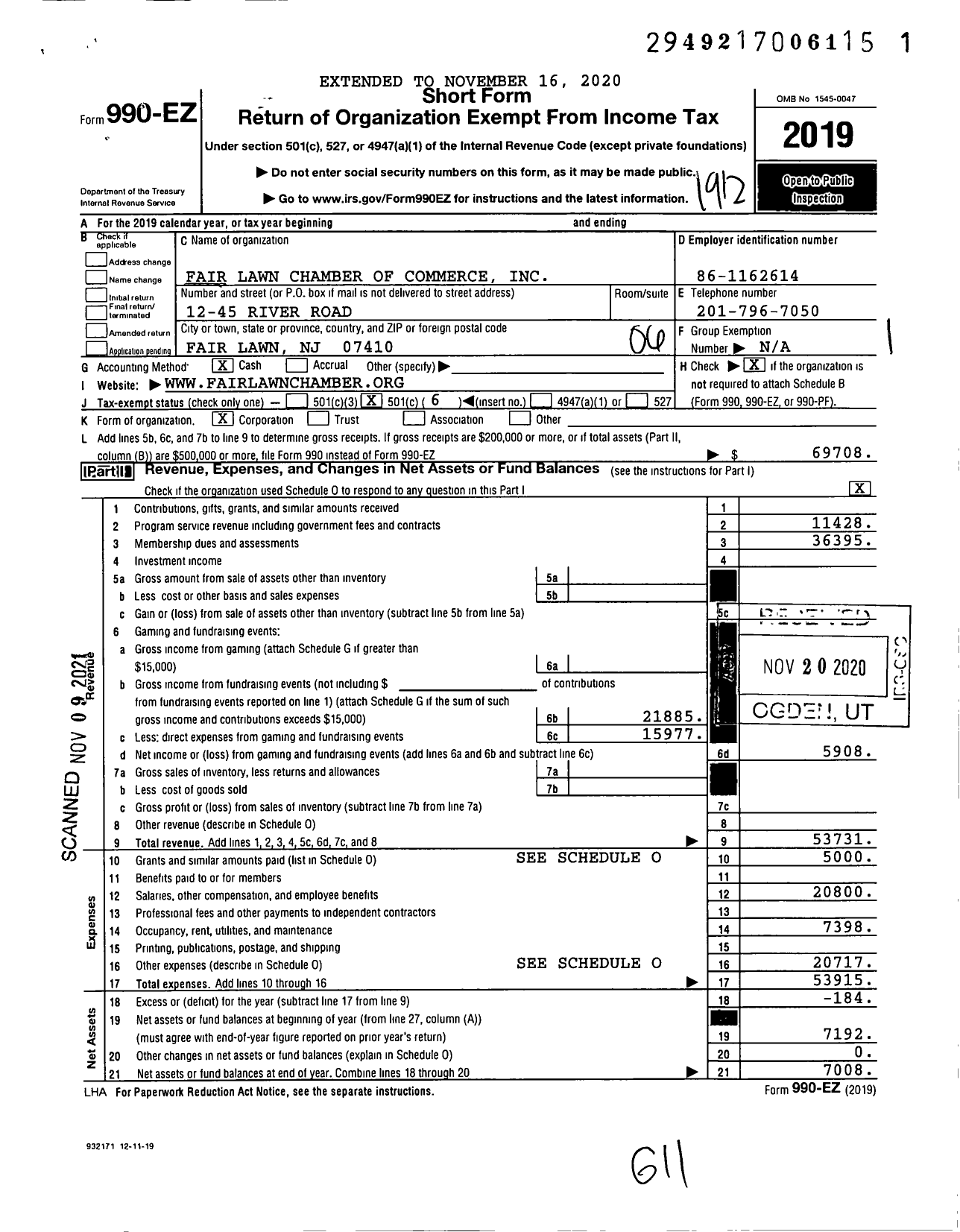 Image of first page of 2019 Form 990EO for Fair Lawn Chamber of Commerce