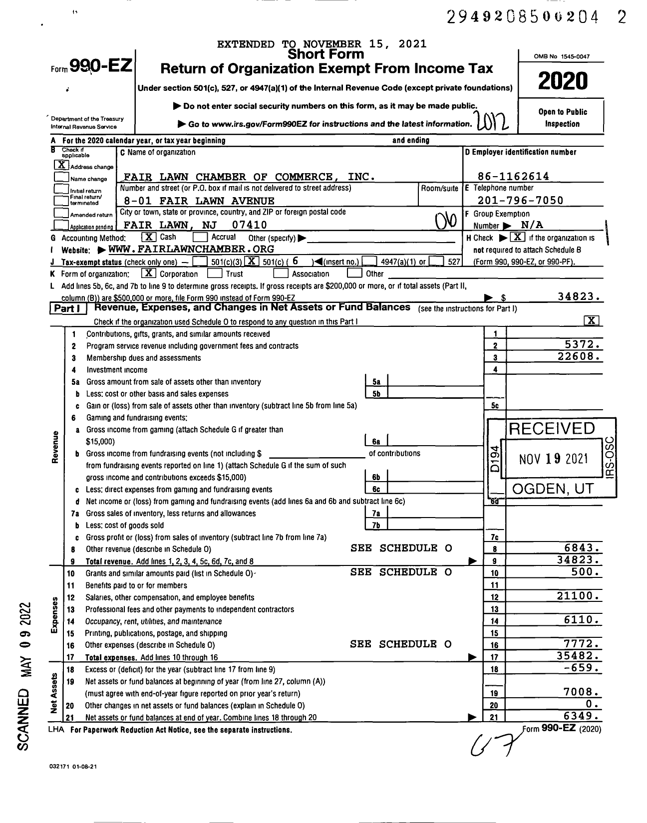 Image of first page of 2020 Form 990EO for Fair Lawn Chamber of Commerce