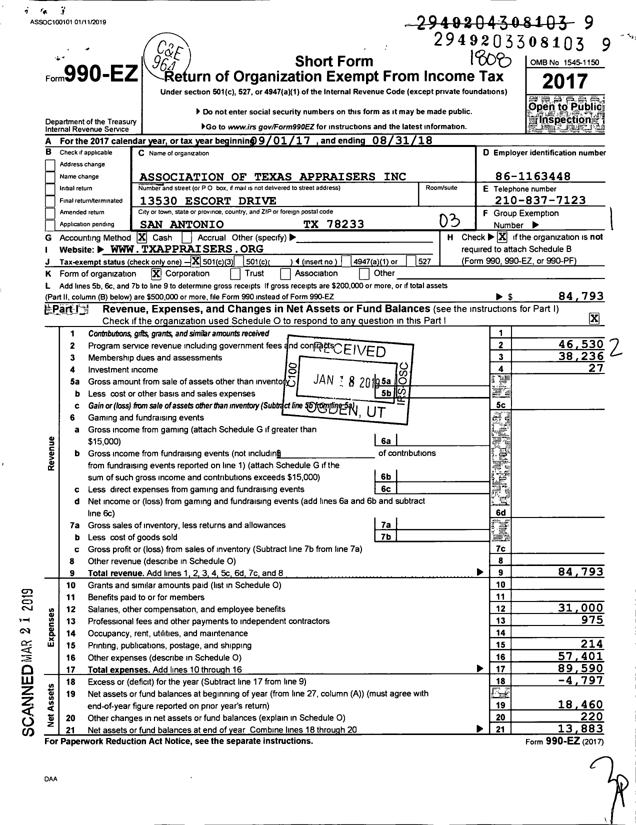 Image of first page of 2017 Form 990EZ for Association of Texas Appraisers