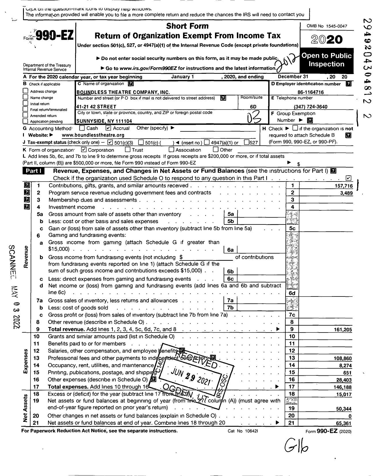 Image of first page of 2020 Form 990EZ for Boundless Theatre Company