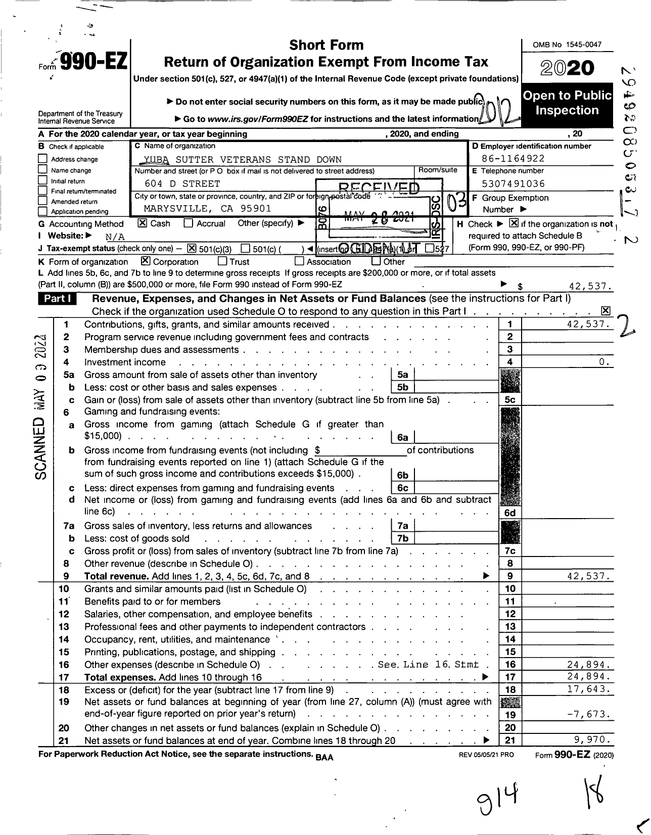 Image of first page of 2020 Form 990EZ for Yuba Sutter Veterans Stand Down