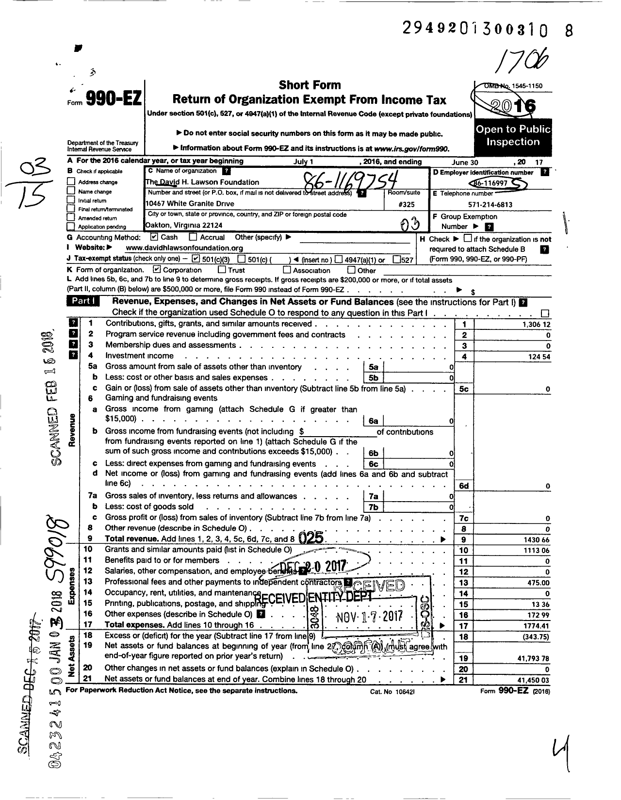 Image of first page of 2016 Form 990EZ for The David H Lawson Foundation