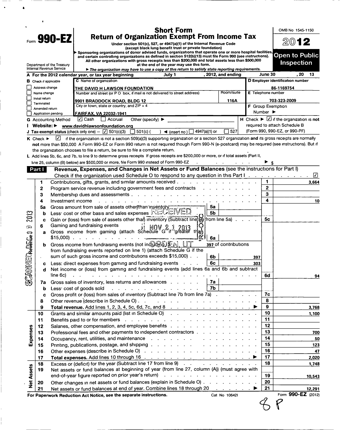 Image of first page of 2012 Form 990EZ for The David H Lawson Foundation