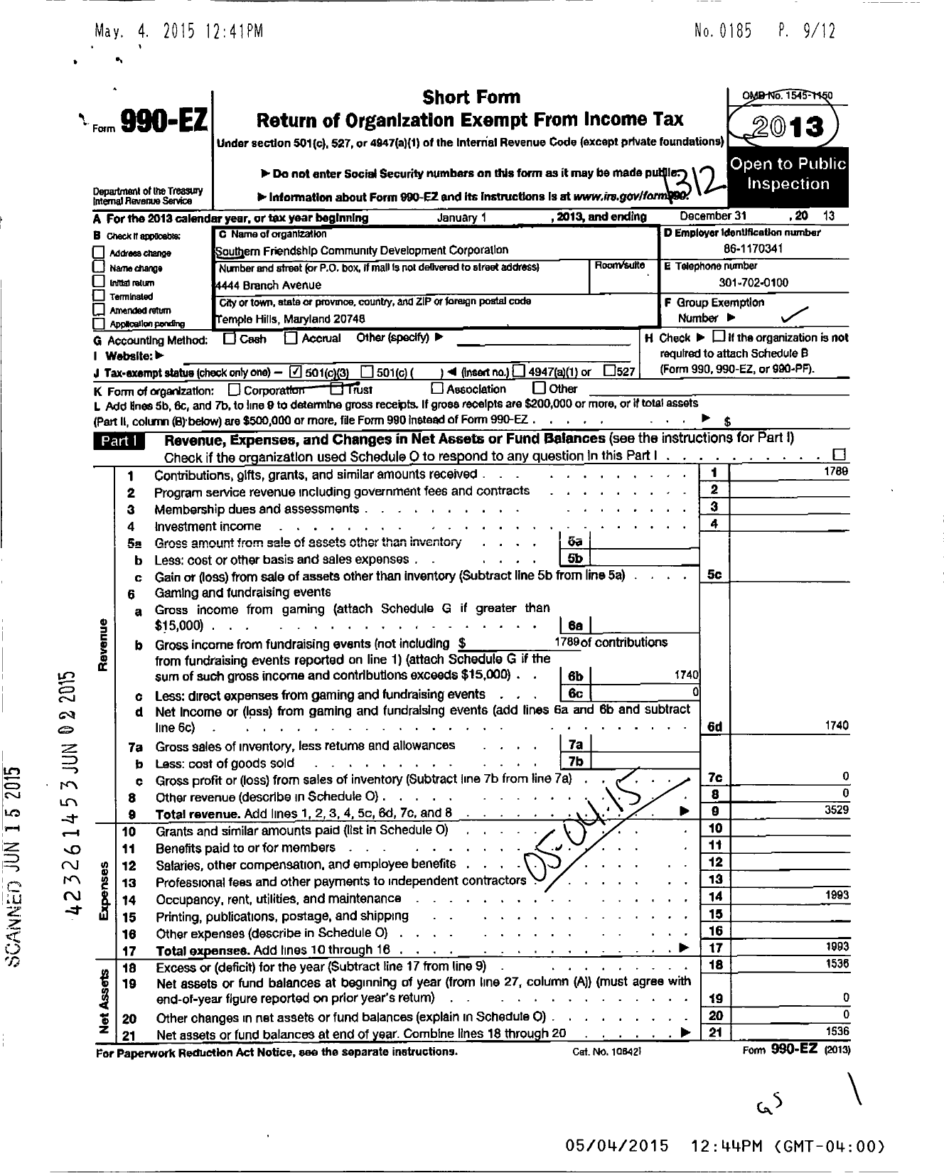 Image of first page of 2013 Form 990EZ for Southern Friendship Community Development Corporation