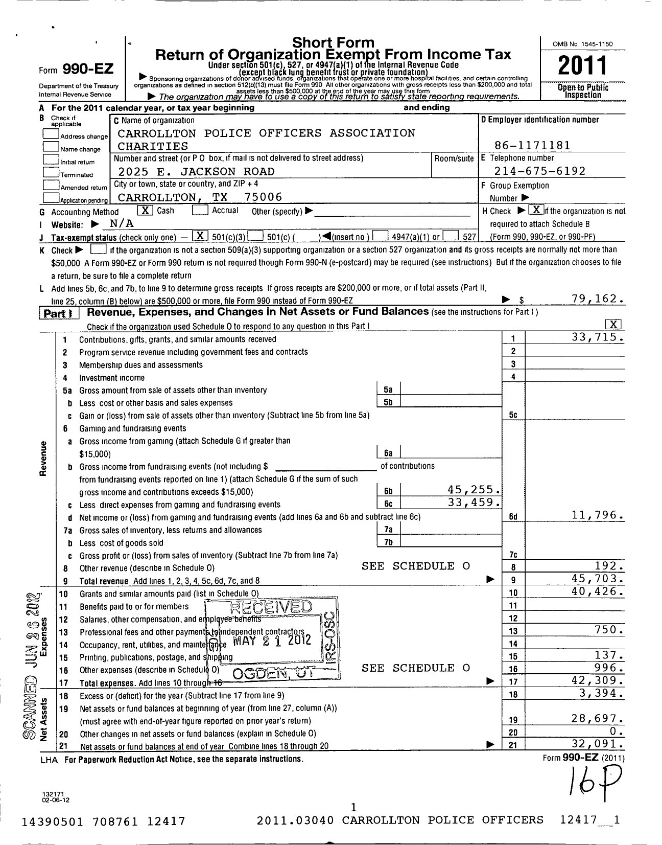 Image of first page of 2011 Form 990EZ for Carrollton Police Officers Association Charities