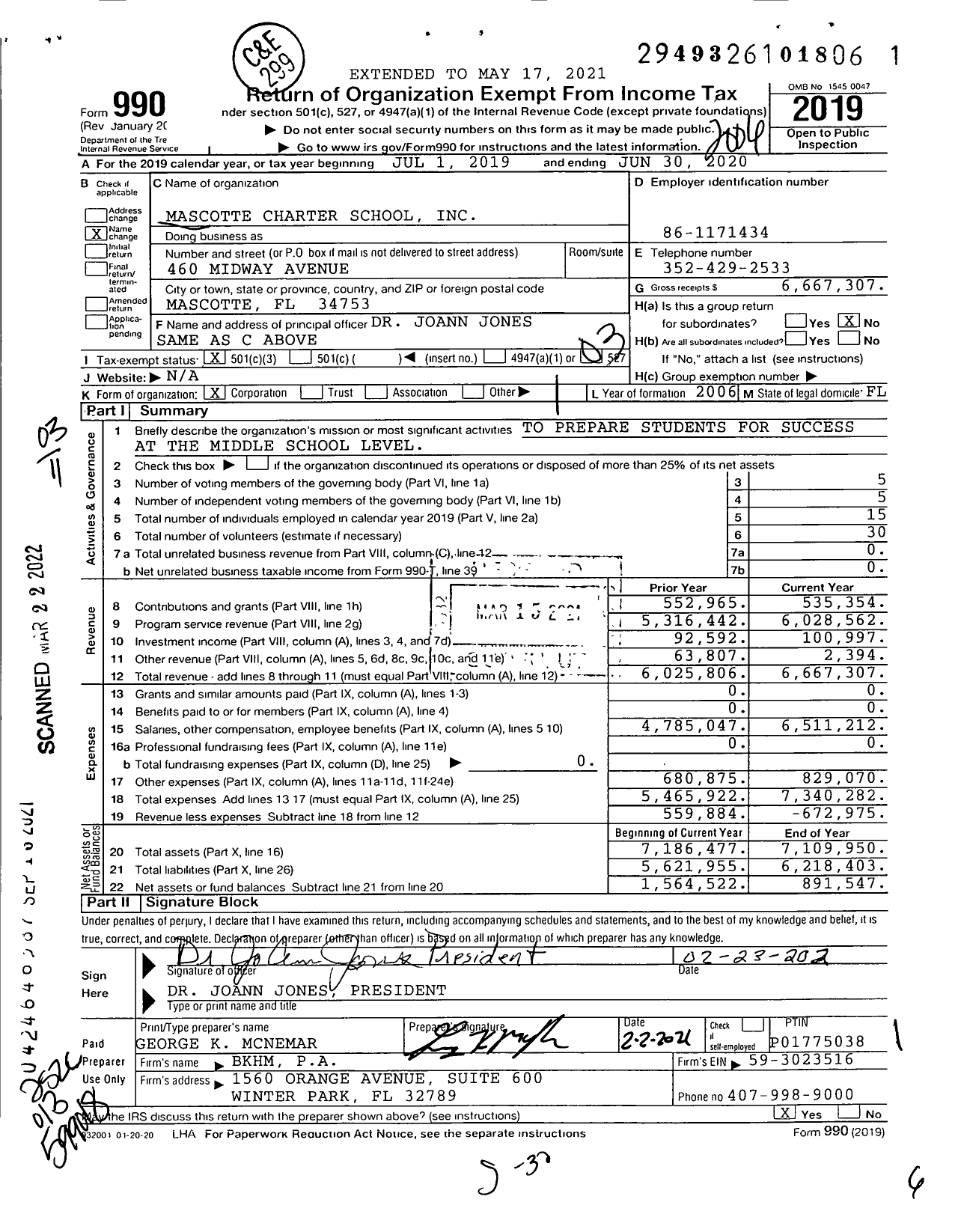Image of first page of 2019 Form 990 for Mascotte Charter School
