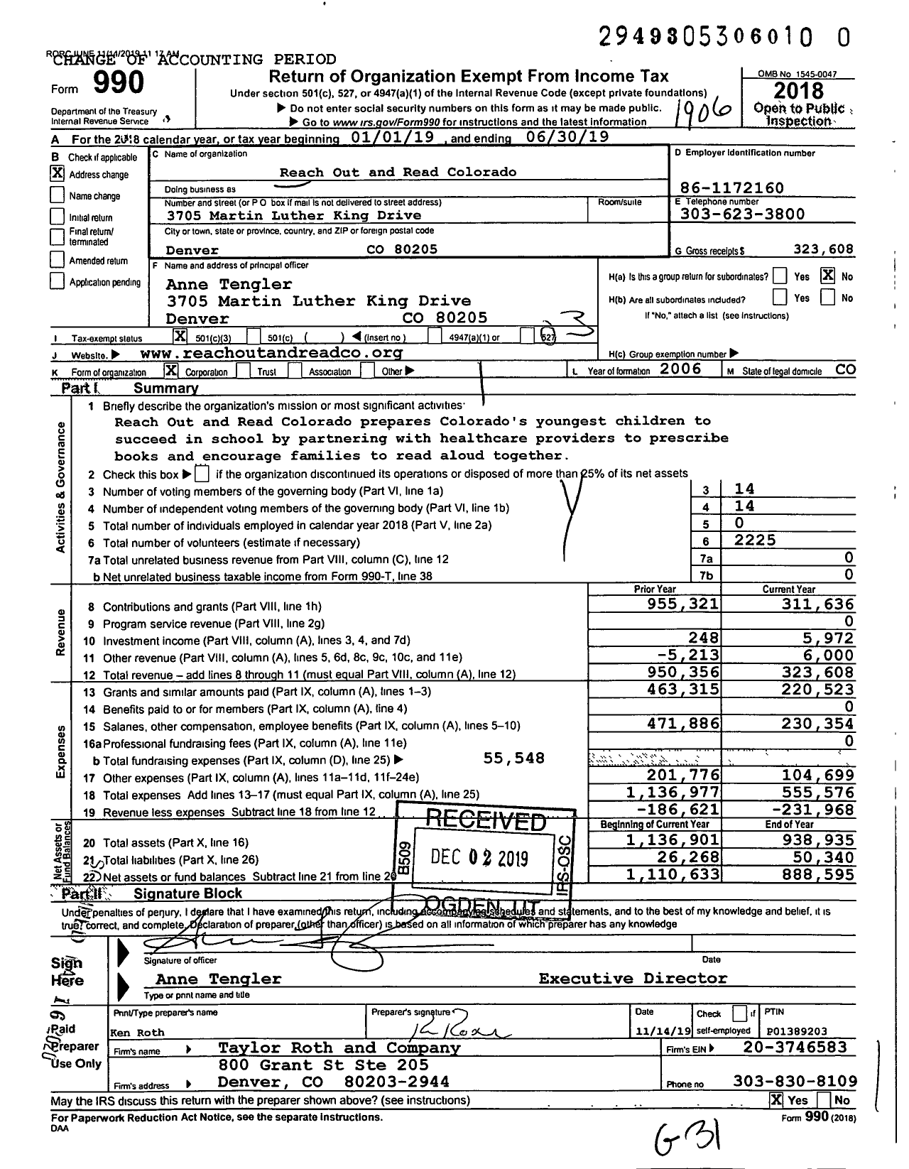 Image of first page of 2018 Form 990 for Reach Out and Read Colorado