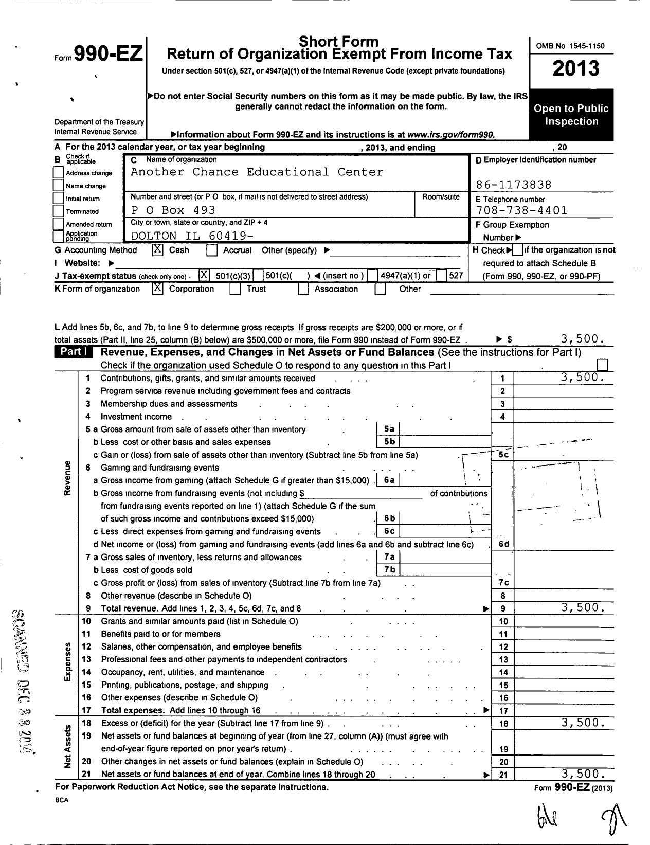 Image of first page of 2013 Form 990EZ for Another Chance Educational Center