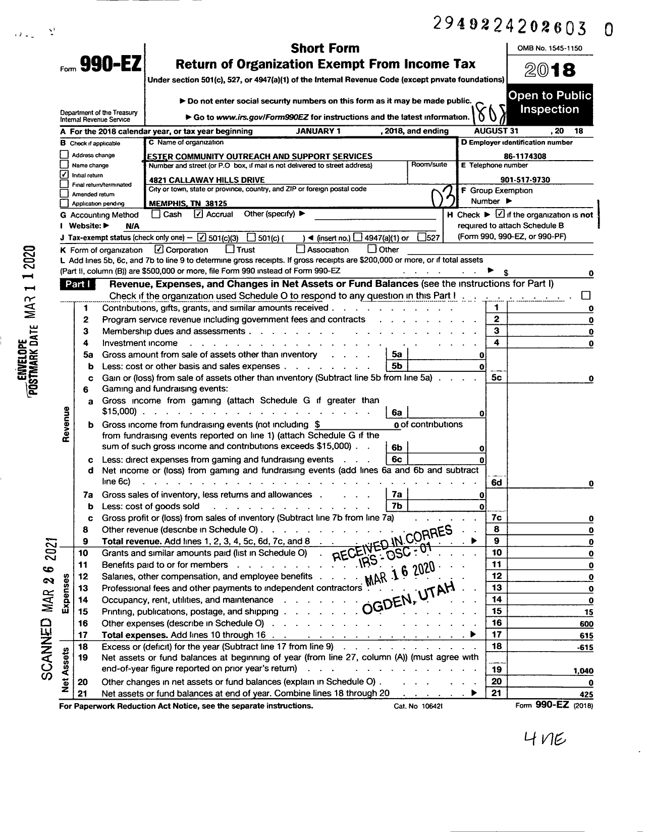 Image of first page of 2017 Form 990EZ for Ester Outreach and Support Services