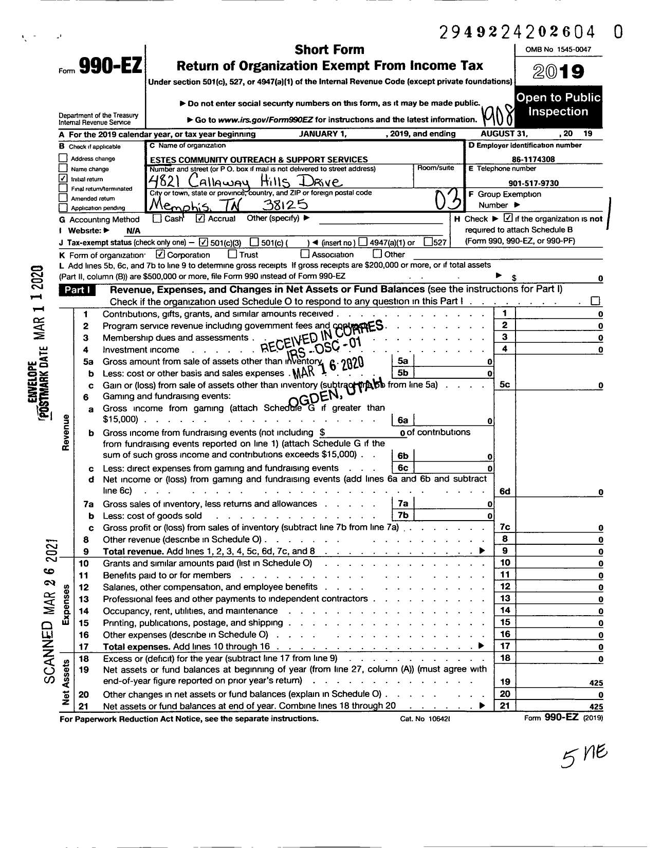 Image of first page of 2018 Form 990EZ for Ester Outreach and Support Services