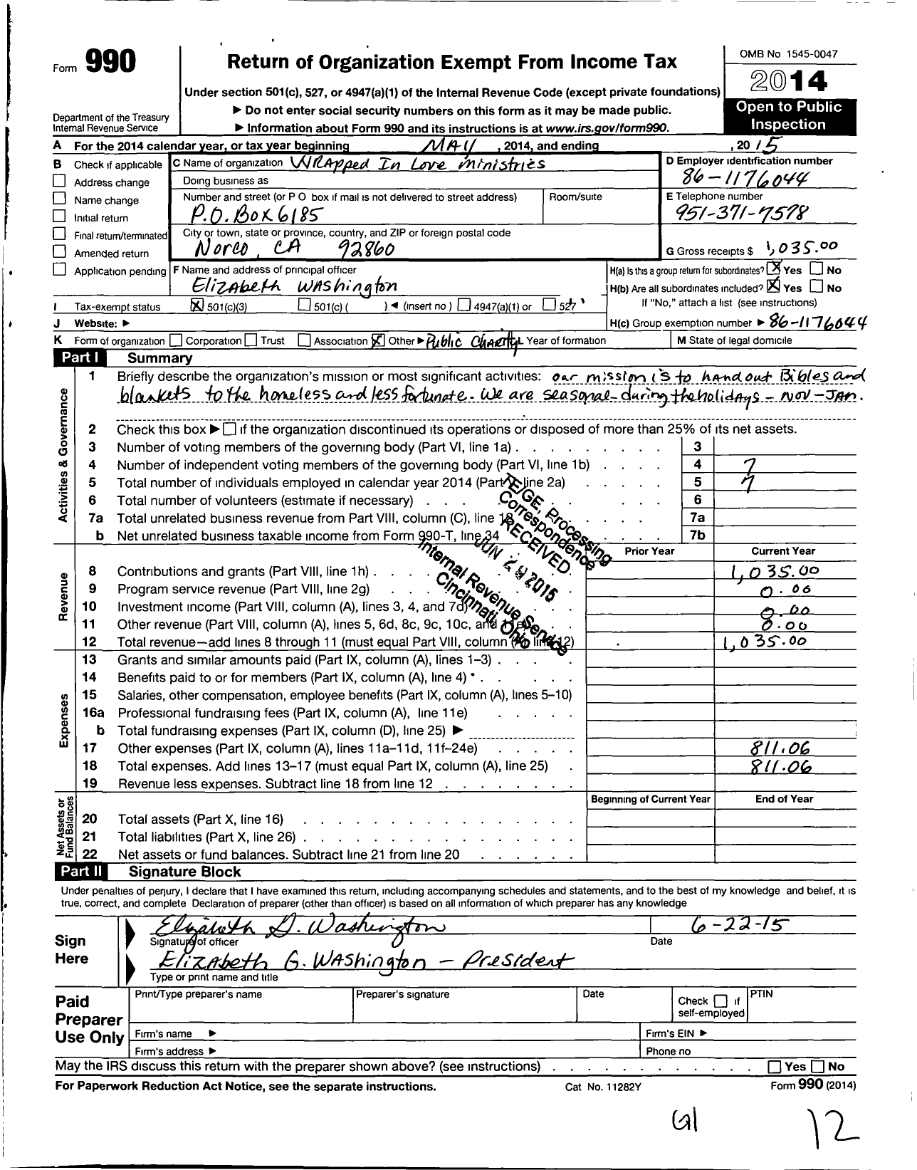 Image of first page of 2015 Form 990 for Wrapped in Love Ministries