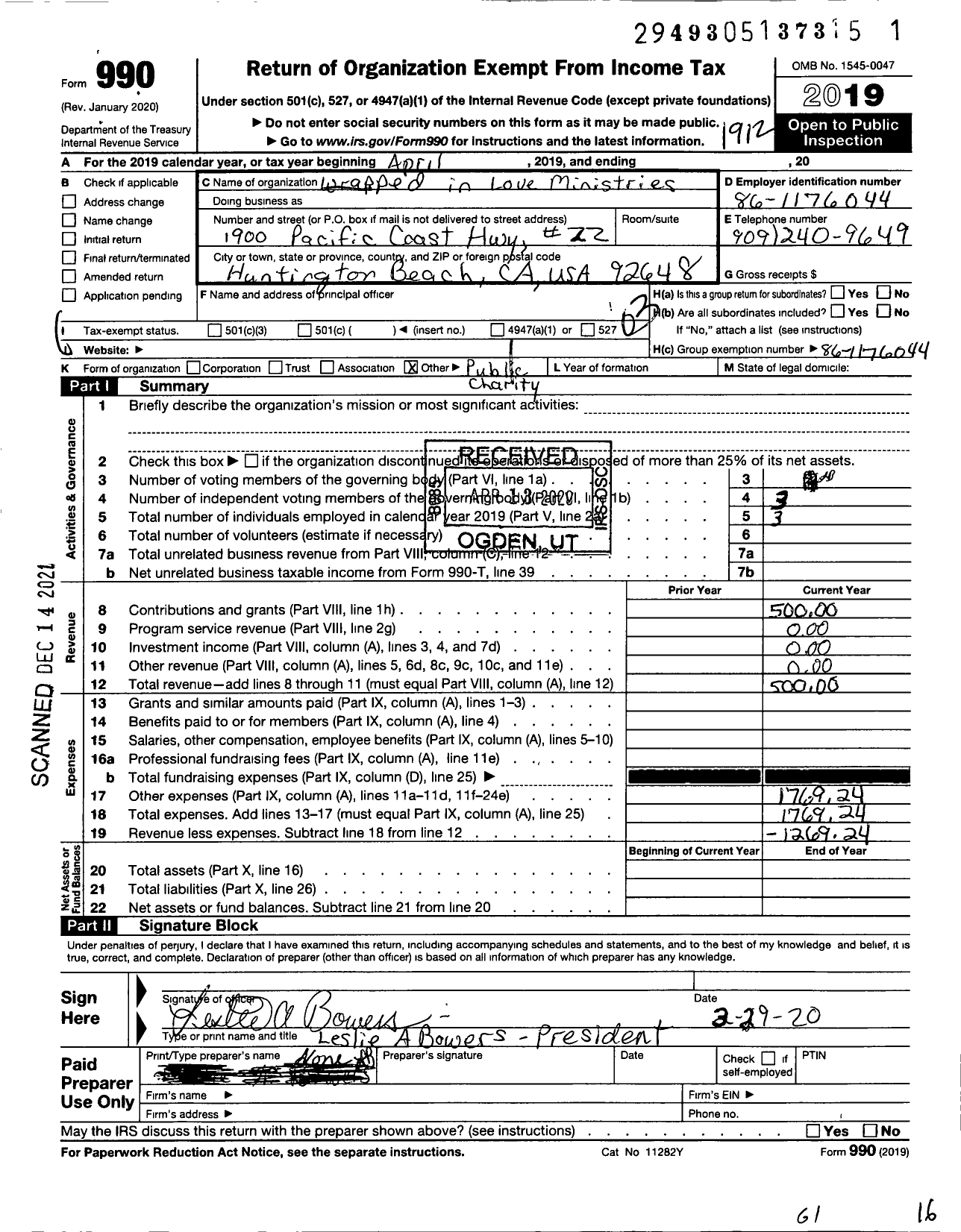 Image of first page of 2019 Form 990 for Wrapped in Love Ministries