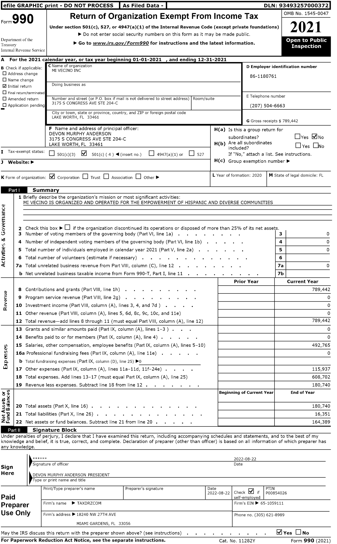 Image of first page of 2021 Form 990O for Mi Vecino