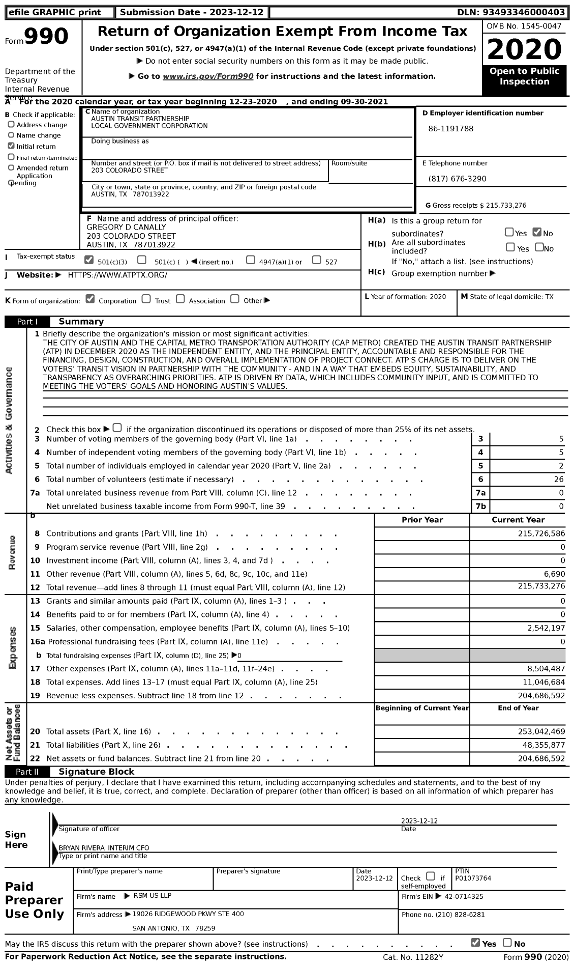 Image of first page of 2020 Form 990 for Austin Transit Partnership Local Government Corporation