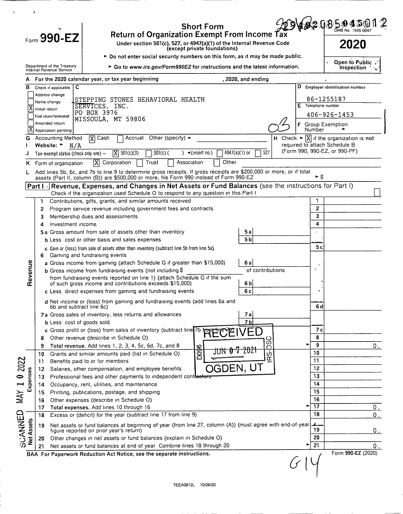 Image of first page of 2020 Form 990EZ for Stepping Stones Behavioral Health Services