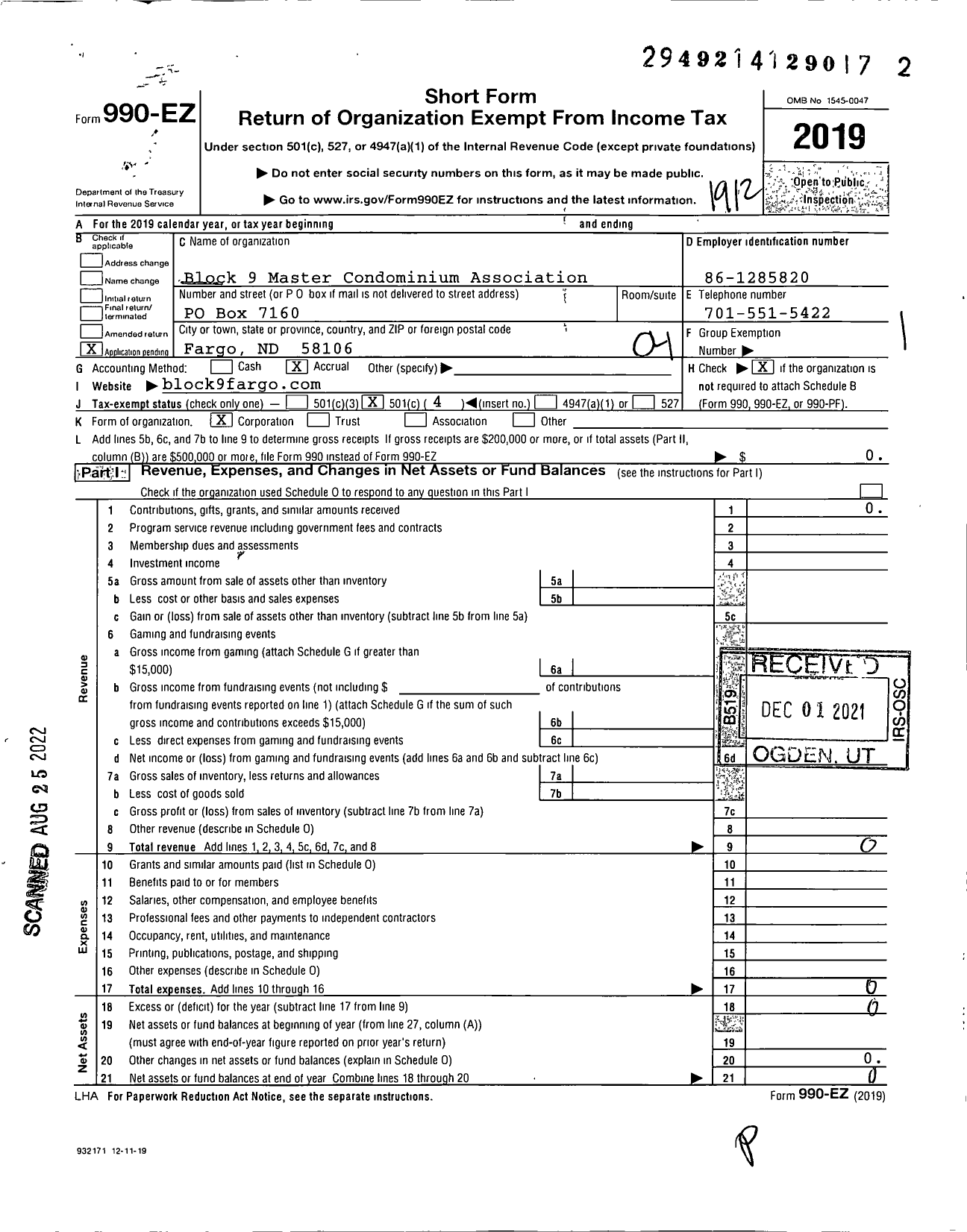 Image of first page of 2019 Form 990EO for Block 9 Master Condominium Association