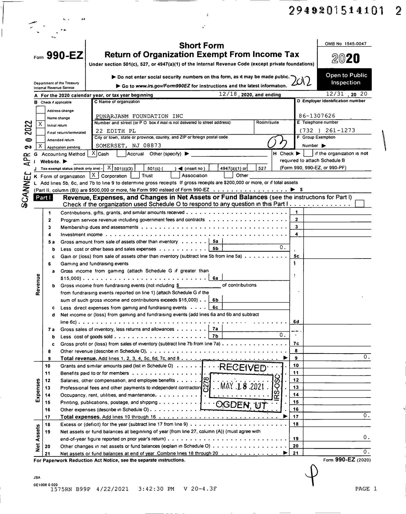 Image of first page of 2020 Form 990EZ for Punarjanm Foundation