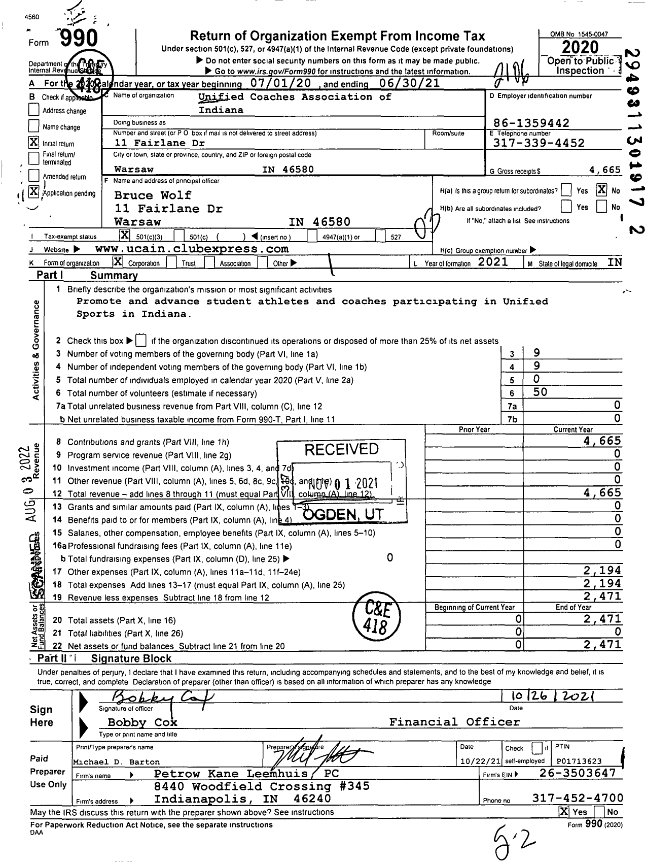 Image of first page of 2020 Form 990 for Unified Coaches Association of Indiana