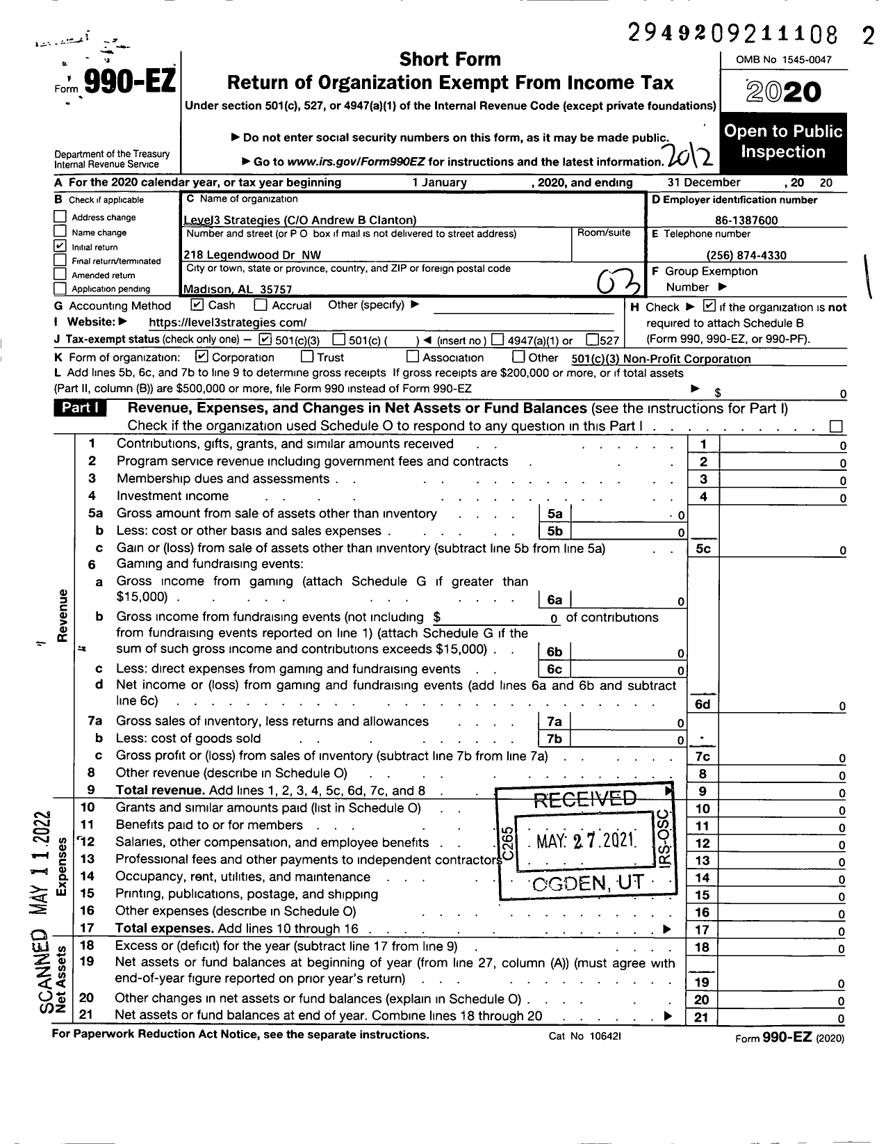 Image of first page of 2020 Form 990EZ for Level3 STRAtEGIES