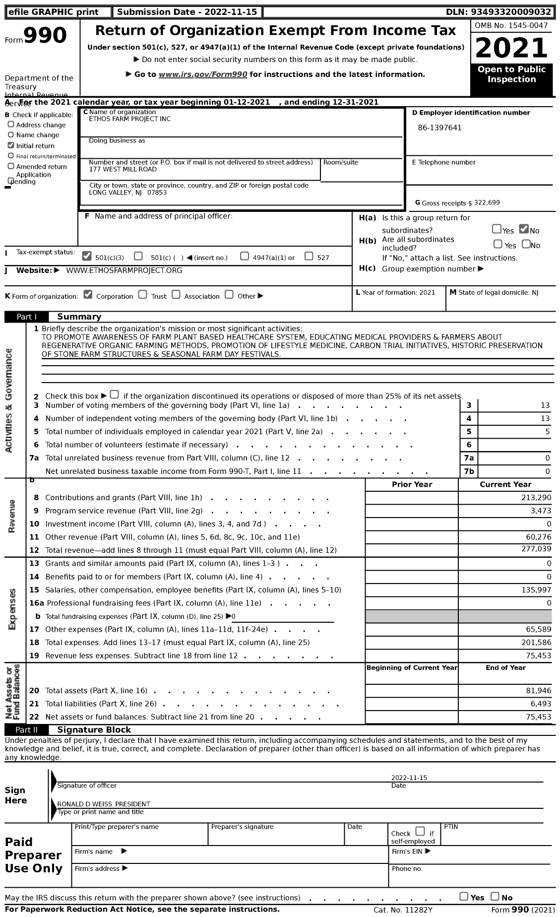 Image of first page of 2021 Form 990 for Ethos Farm Project