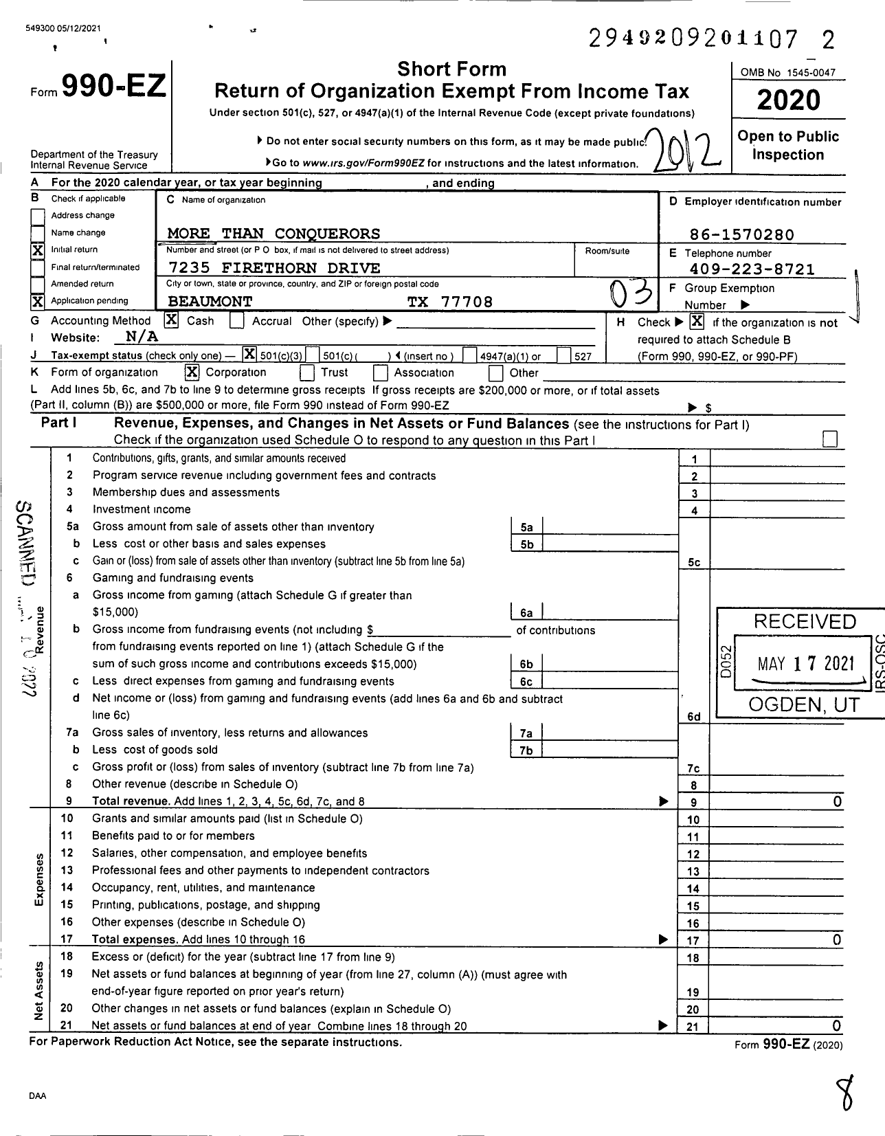 Image of first page of 2020 Form 990EZ for More Than Conquerors