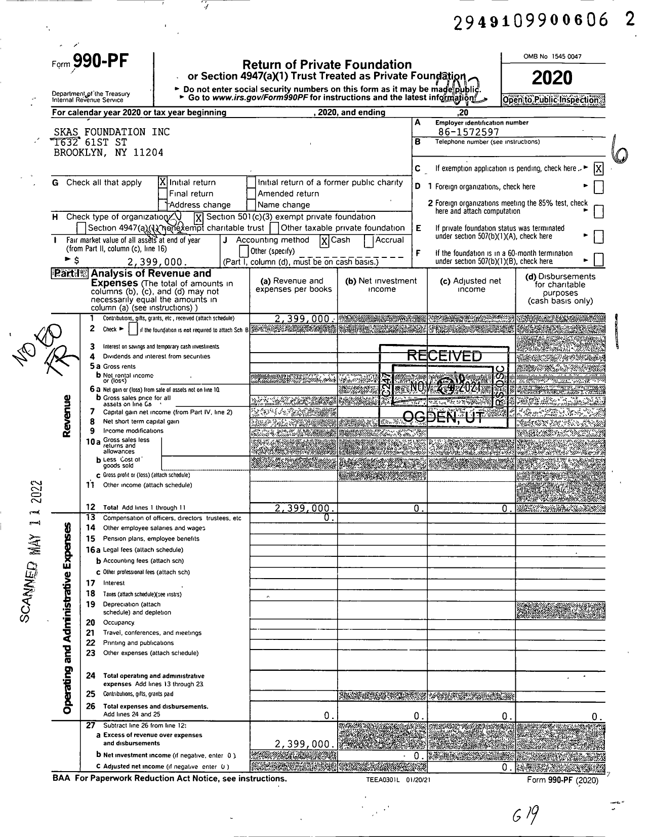 Image of first page of 2020 Form 990PF for Skas Foundation