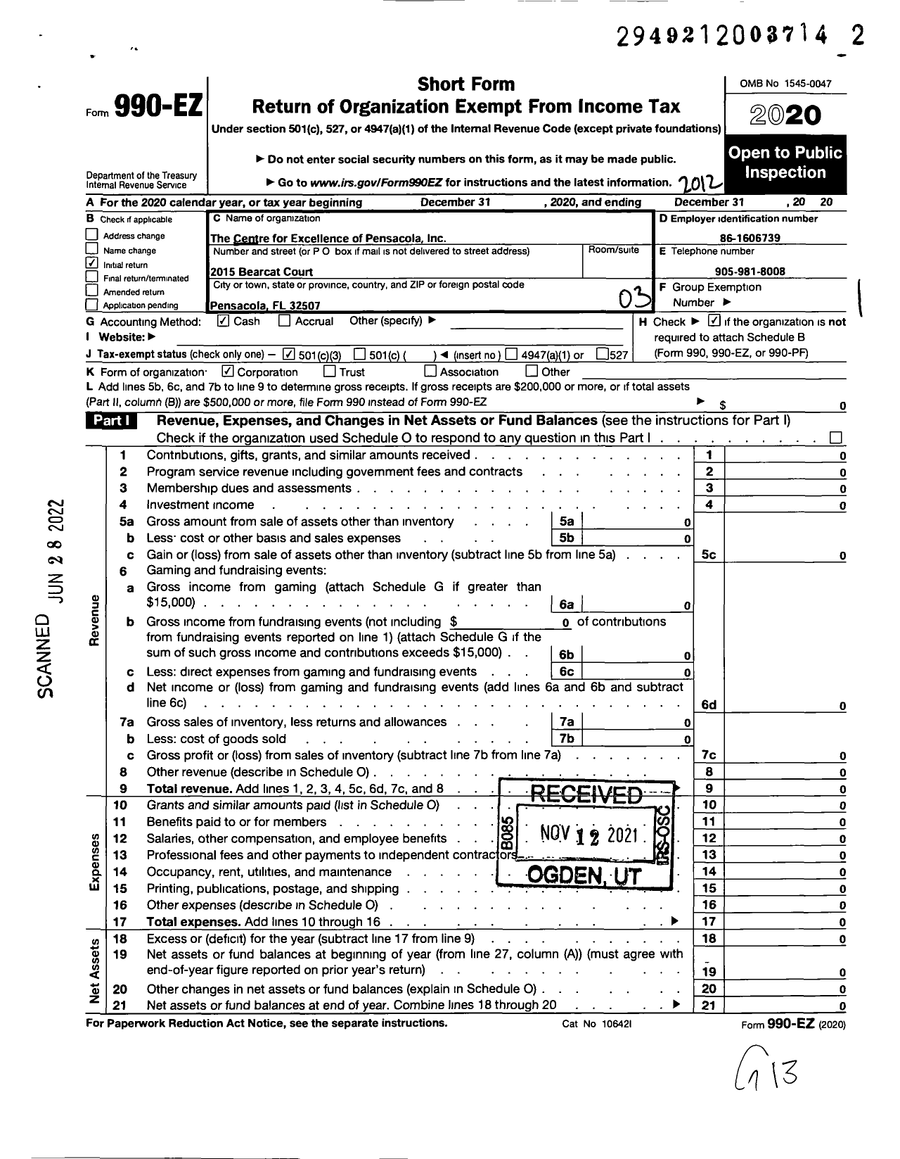 Image of first page of 2020 Form 990EZ for Centre for Excellence of Pensacola