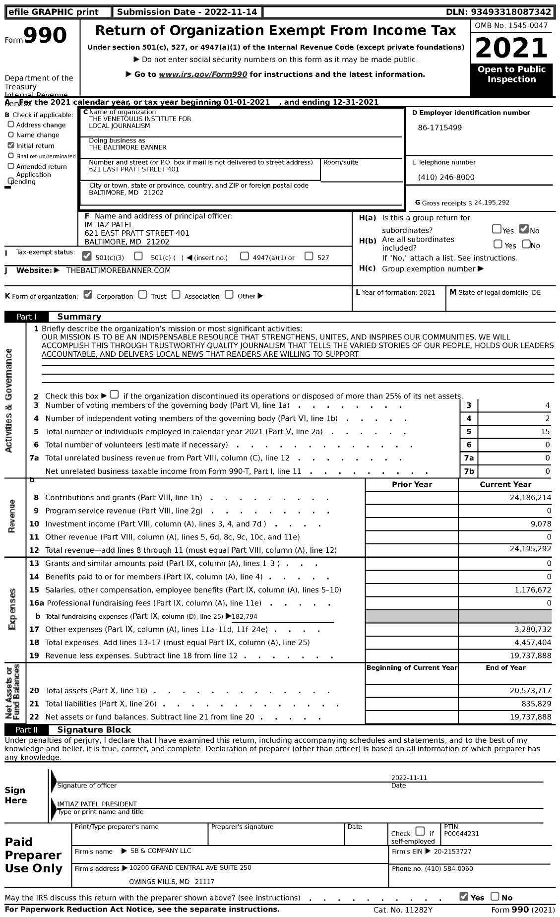 Image of first page of 2021 Form 990 for The Baltimore Banner