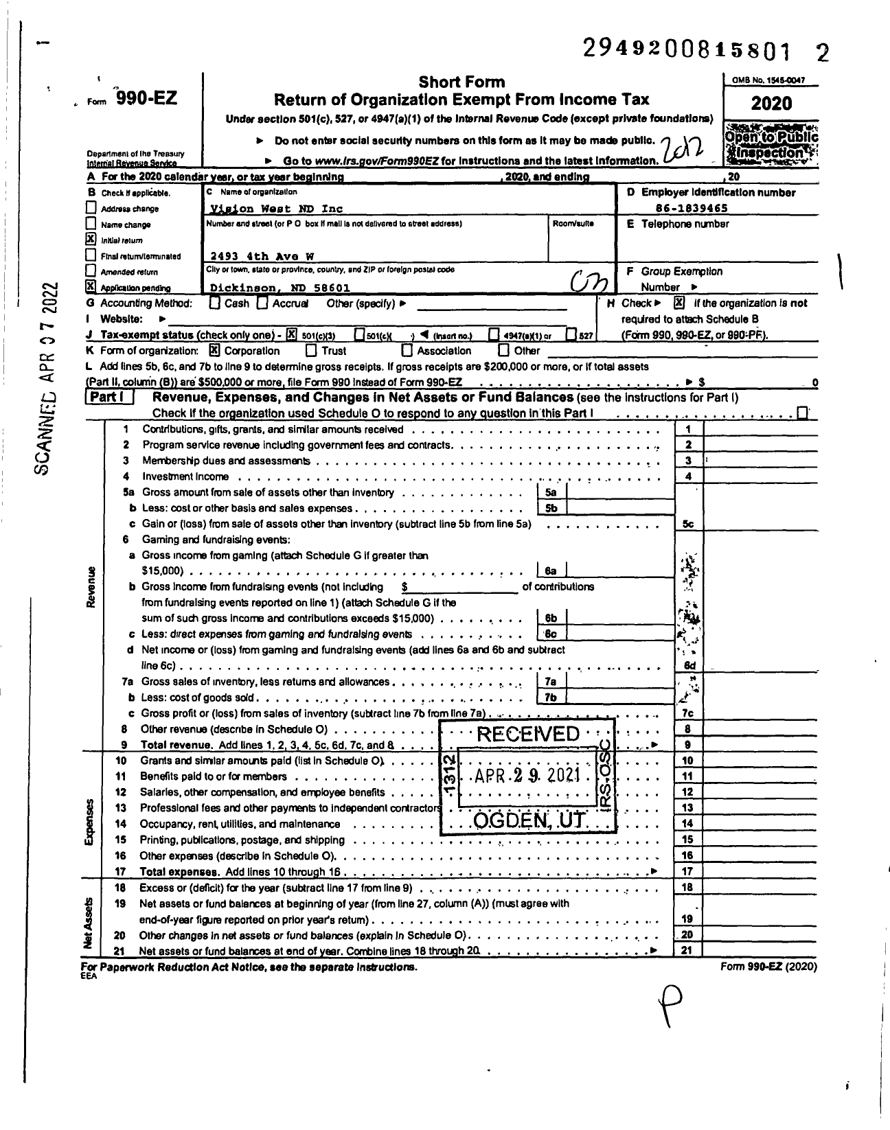 Image of first page of 2020 Form 990EZ for Vision West ND