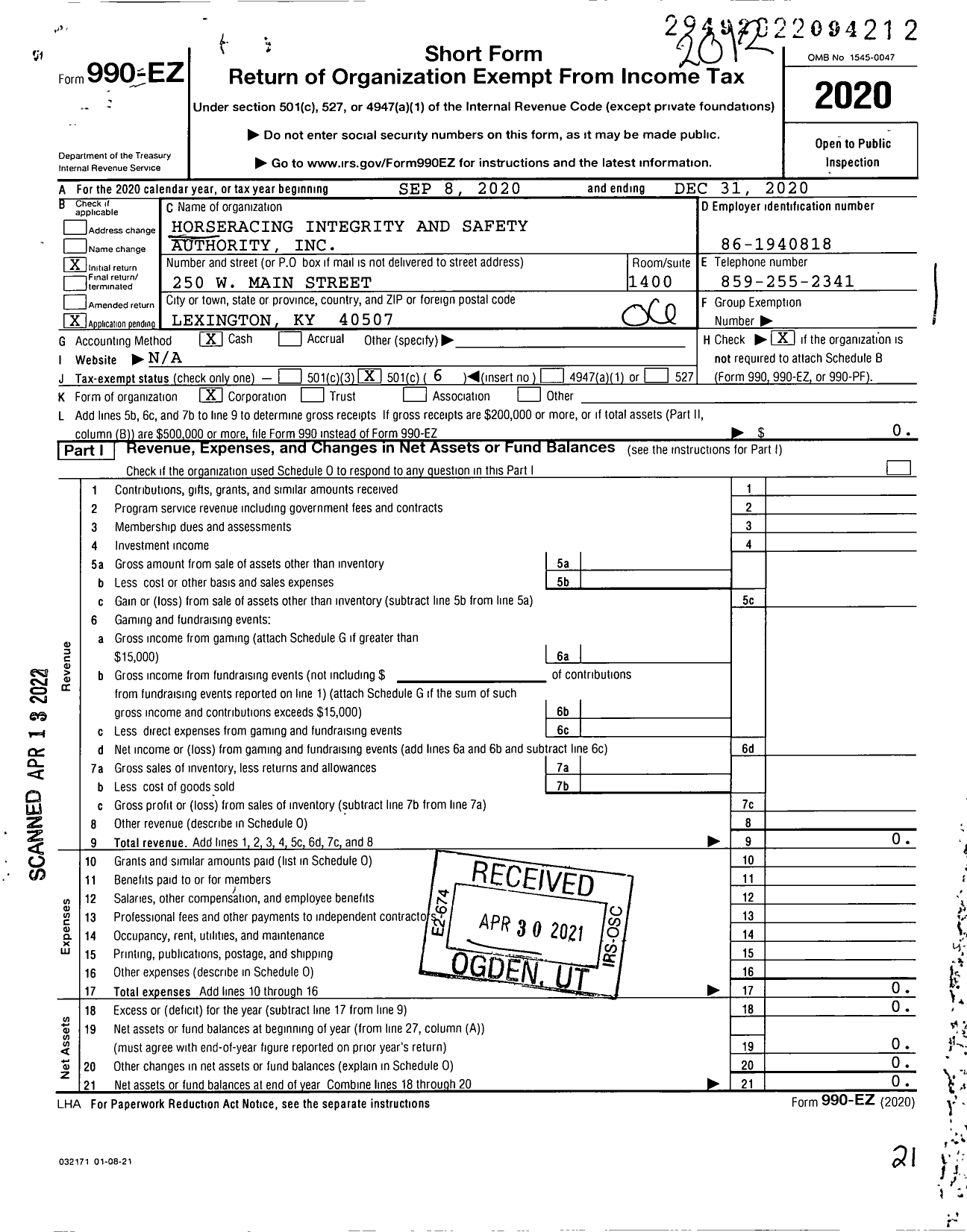 Image of first page of 2020 Form 990EO for Horseracing Integrity and Safety Authority / Lisa Lazarus CEO