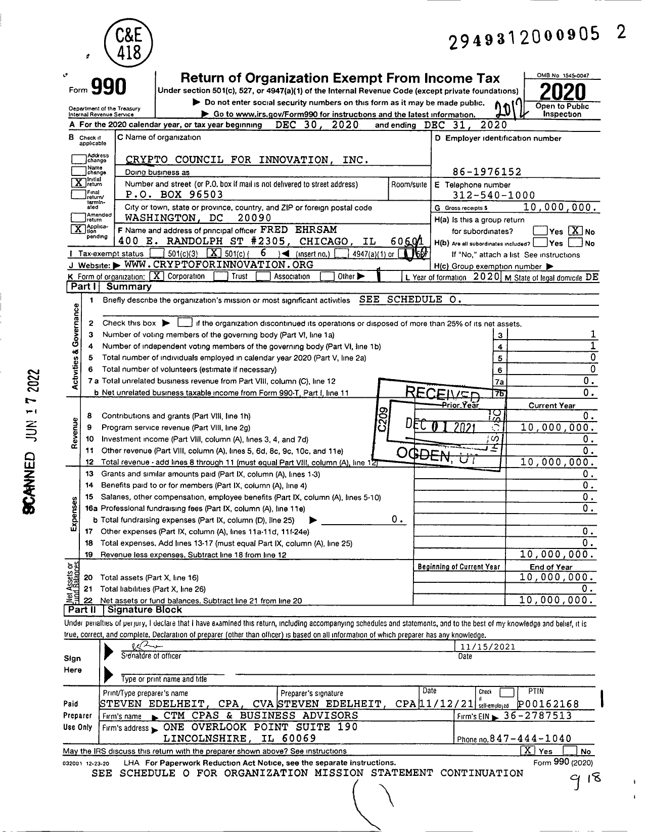 Image of first page of 2020 Form 990O for Crypto Council for Innovation