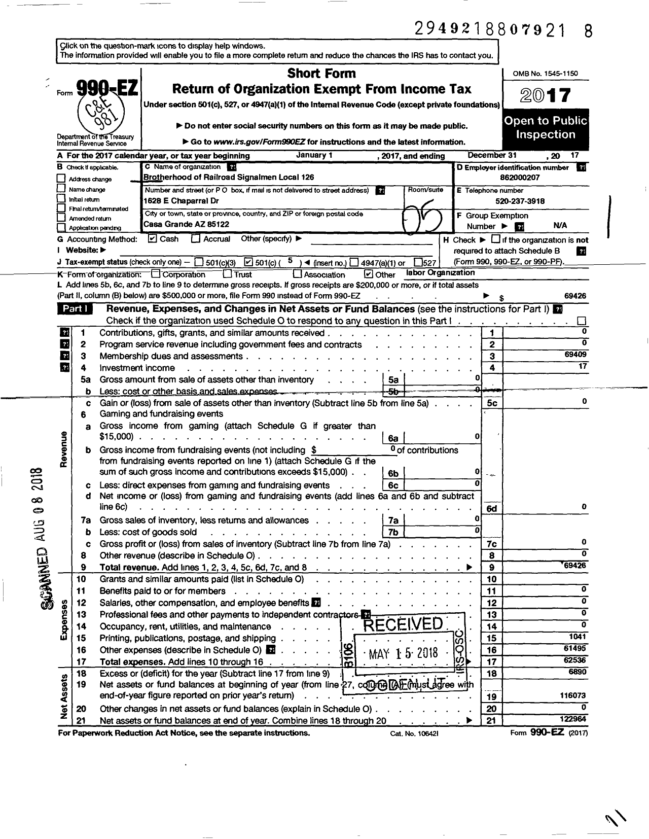 Image of first page of 2017 Form 990EO for Brotherhood of Railroad Signalmen - 126 Union Pacific Local