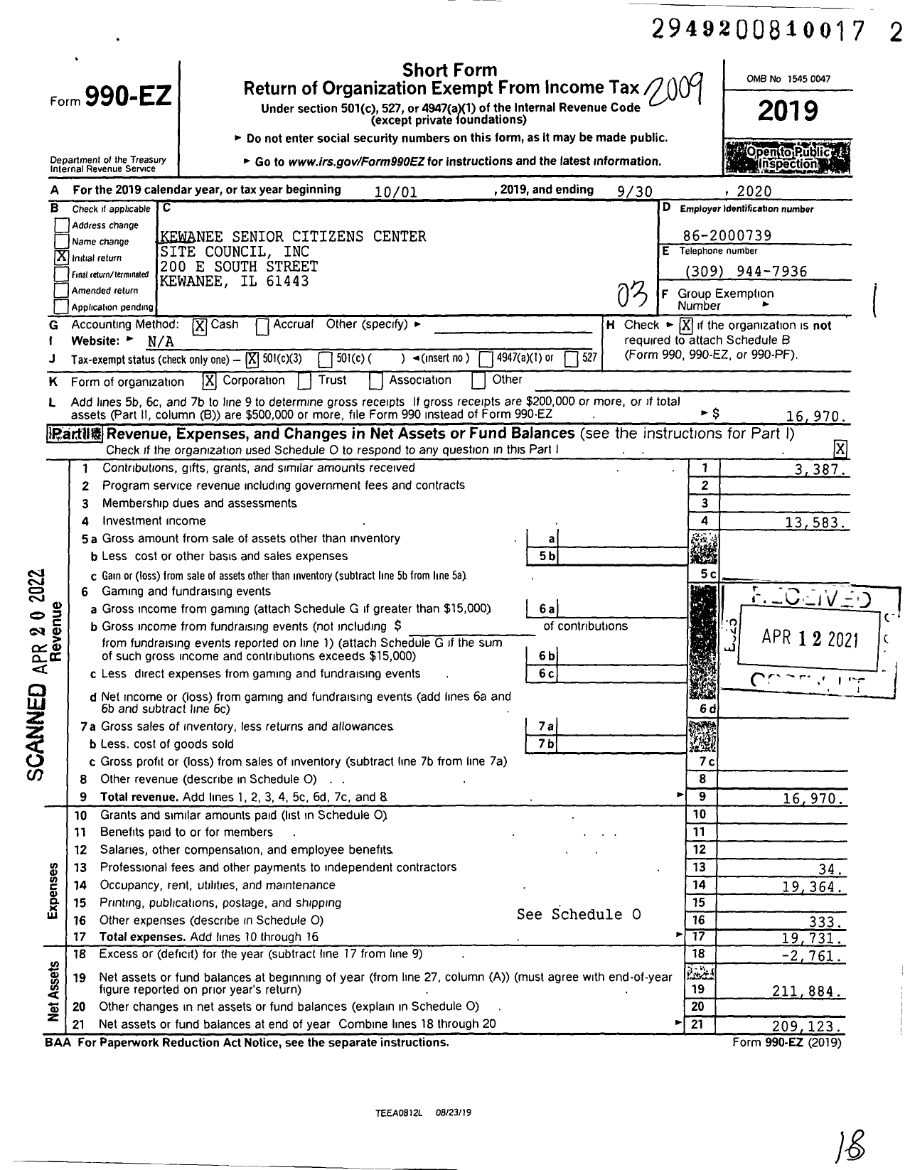 Image of first page of 2019 Form 990EZ for Kewanee Senior Citizens Center Site Council