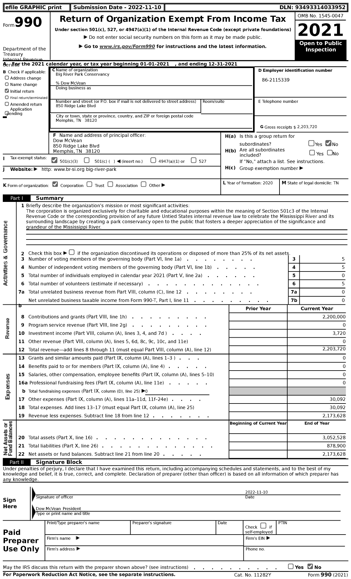 Image of first page of 2021 Form 990 for Big River Park Conservancy