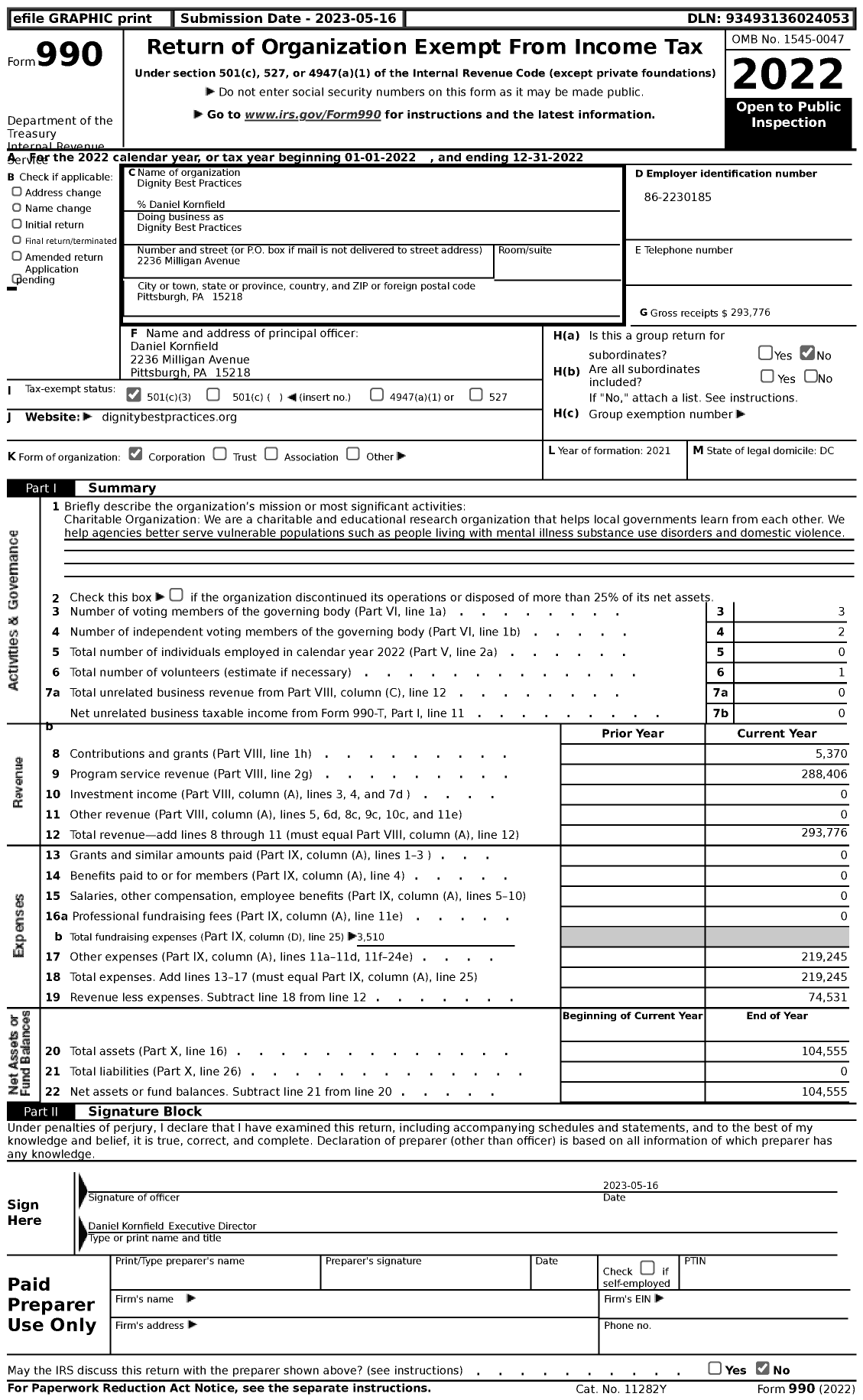 Image of first page of 2022 Form 990 for Dignity Best Practices