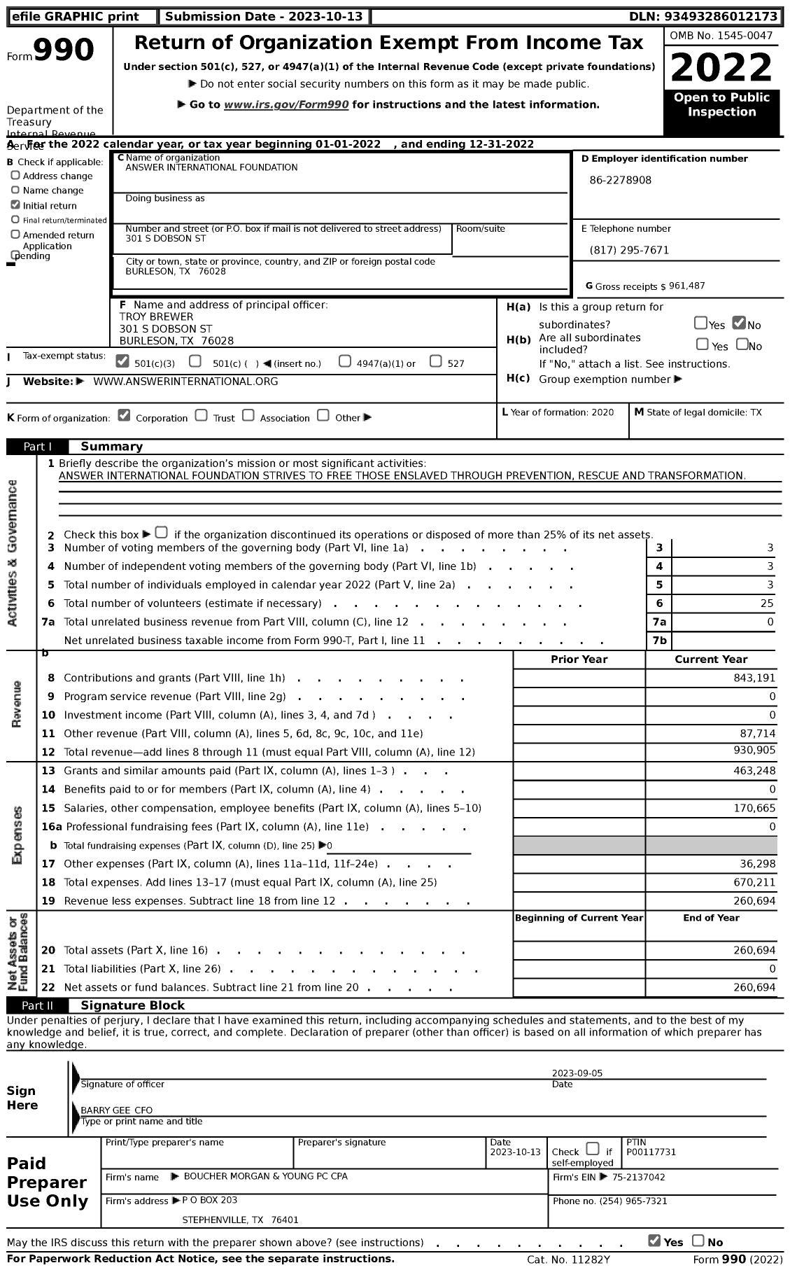 Image of first page of 2022 Form 990 for Answer International Foundation
